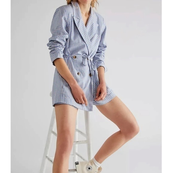 NWT Free People Sweet and Salty Jumpsuit in Blue Gingham size 12, linen/cotton - Picture 1 of 16